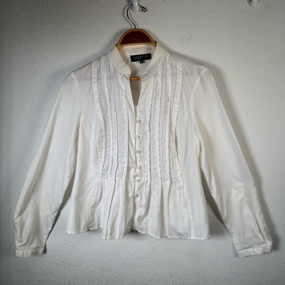 Jones New York Signature Blouse Petite L White Cotton Lace Pintuck Long Sleeve